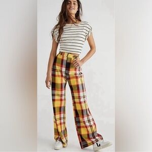Free People Jules Plaid Wide-Leg Pants - Yellow and Red